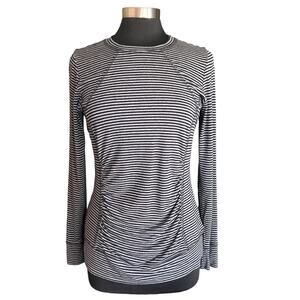CAbi Gray Black Striped Ruched Front Long Sleeve Tee Sz Large